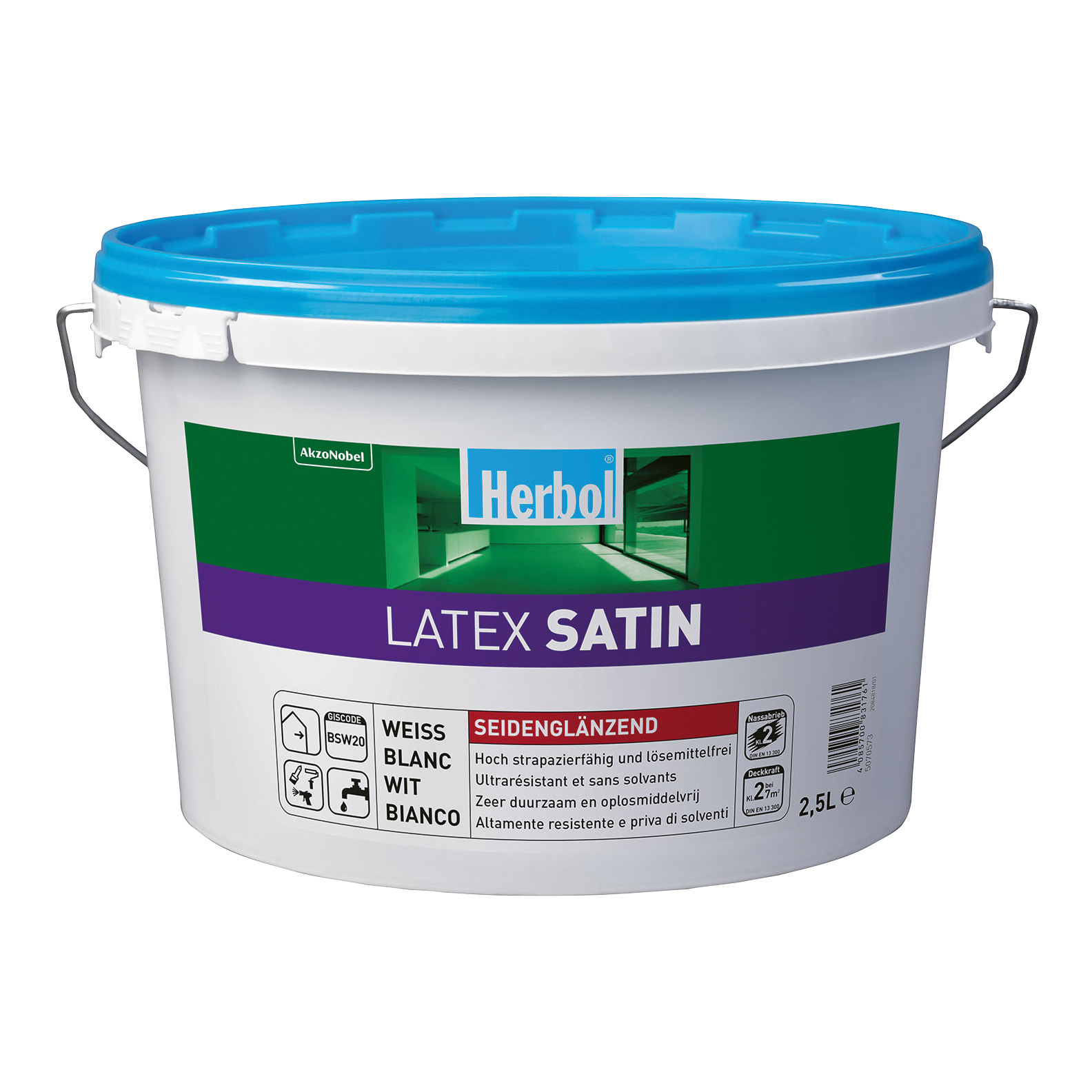 Herbol Wandfarbe Latex Satin, Weiß, 2,5 l