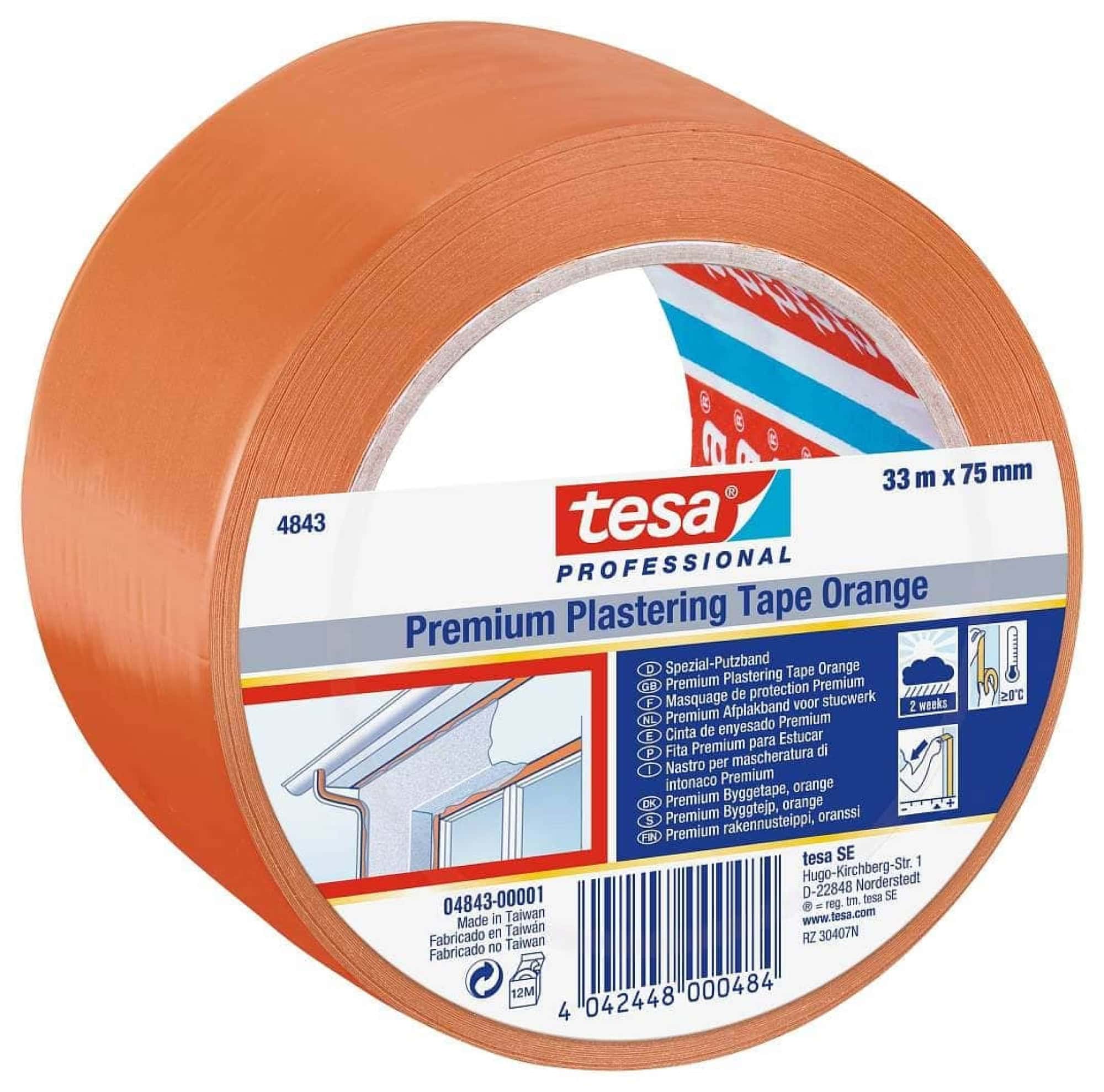 tesa Putzband 4843 Winterband Glatt, Orange, 33 m x 75 mm