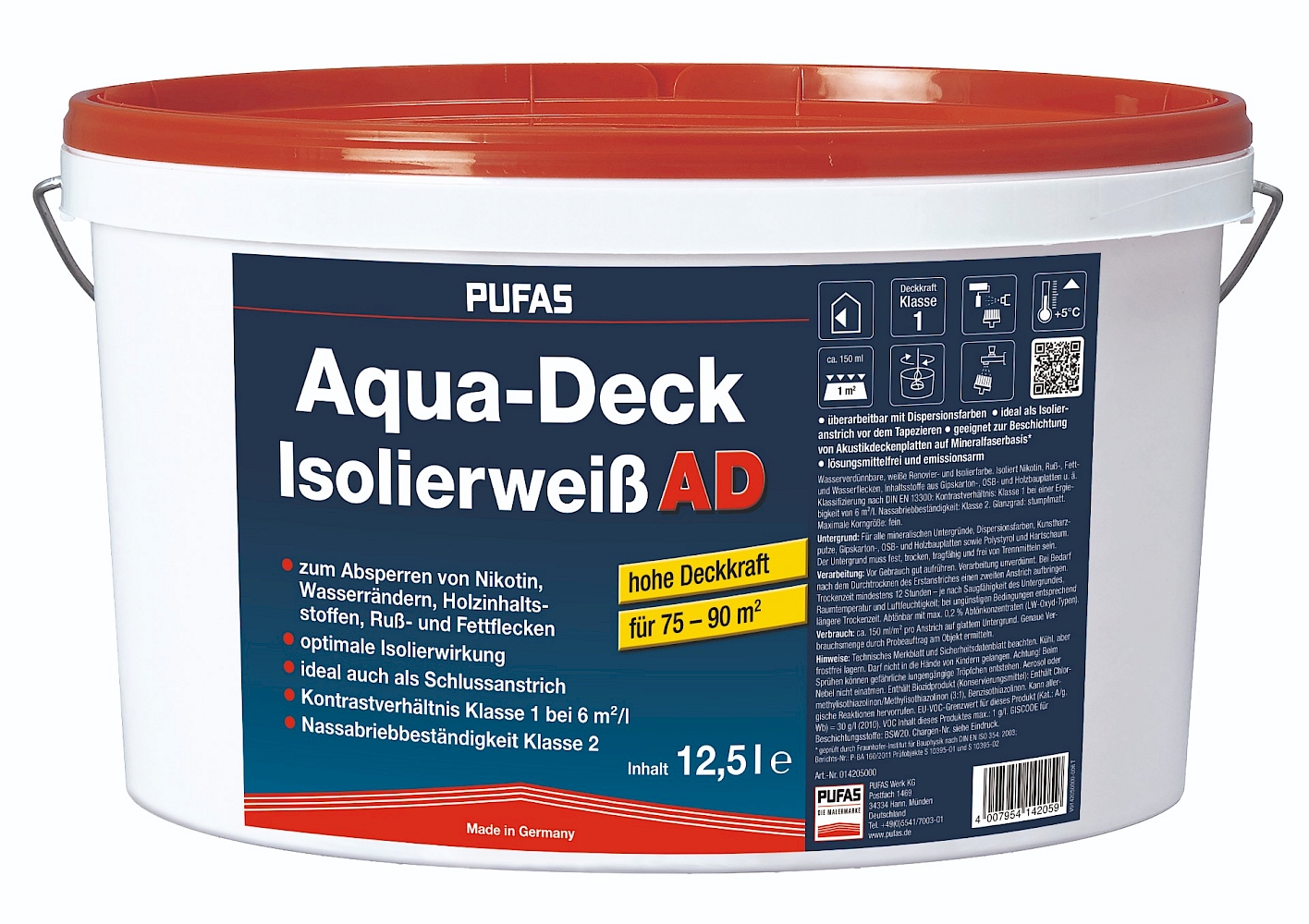 PUFAS Isolierfarbe Aqua-Deck Isolierweiß AD, Weiß, 12,5 l